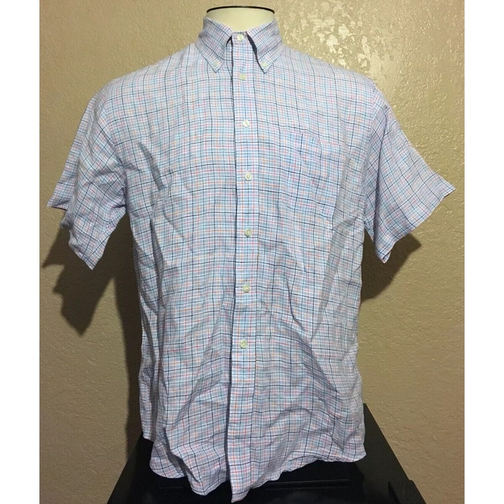 Brooks Brothers 346 Men's Size Medium 100% Linen Blue Tattersall Check Shirt M